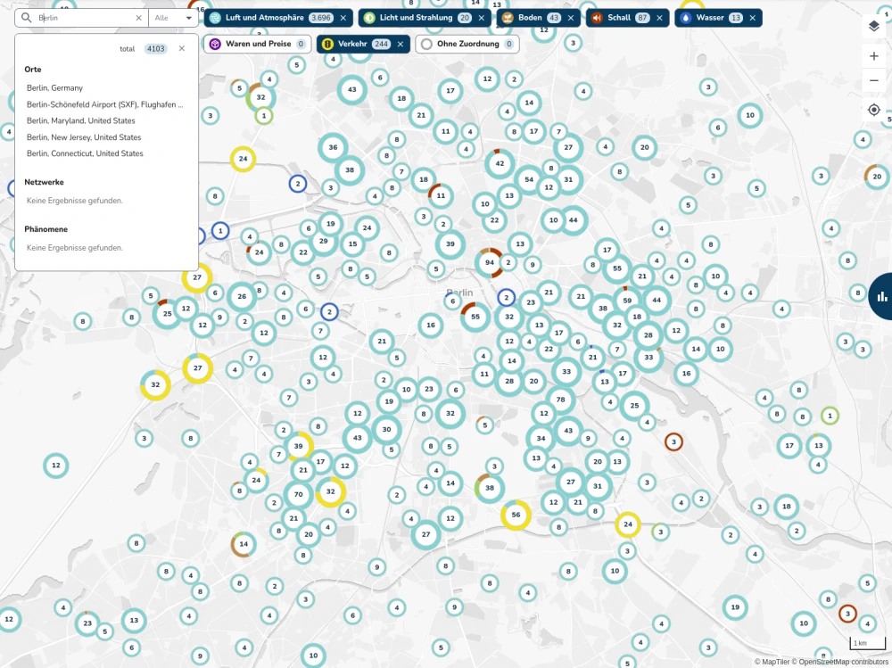 View of SENSOTO with search results for Berlin and place name search.