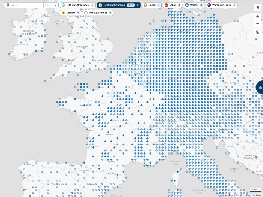 Exploration view of the SENSOTO with search results for Central Europe in the category - Air and Radiation.